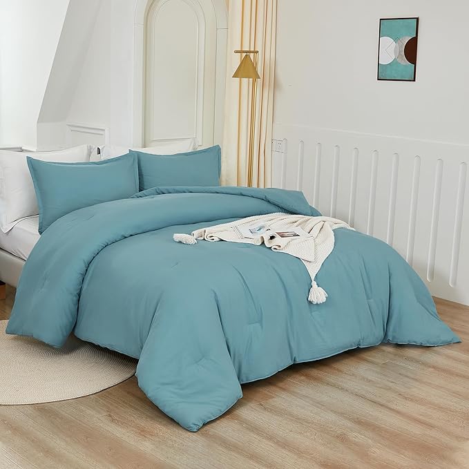 Litanika Comforters Grayish Teal Oversized King Size, 3 Pieces Lightweight Solid Bedding Comforter Set, All Season Fluffy Bed Set (120x98In Comforter & 2 Pillowcases)