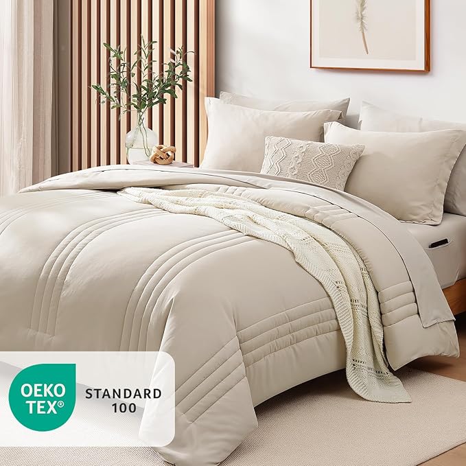 Monbix California King Size Comforter Set - 7 Pieces Bed in a Bag California King, Beige Bedding Sets with Comforter, All Seasons Down Alternative Comforter Bed Set with Sheets, Pillowcases & Shams