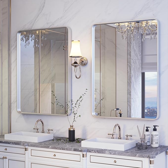 ISKM 36"x 30" Silver Bathroom Mirror for Wall, Bathroom Vanity Mirror Anti-Rust, Tempered Glass, Rounded Rectangle Mirror(Horizontal/Vertical)