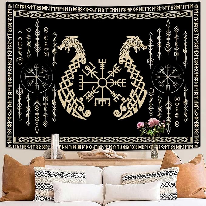 OSUNBD Nordic Vikings Tapestry, Large 10890 inches Soft Flannel, Vegvsir Symbol Twins Dragons Celtic Rune Scandinavian Aesthetic Mythology Tapestry Wall Hanging for Bedroom Living Room Decor