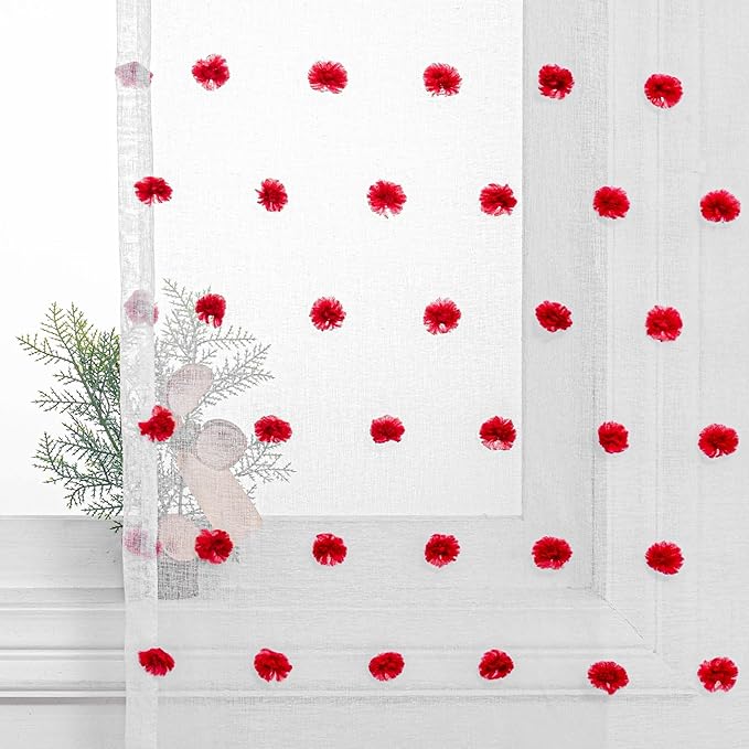 MYSKY HOME 95 Inch Long Christmas Curtains for Living Room Sliding Door Red Pom Pom White Shher Curtains for Bedroom Large Window Panels Dining Room Rod Pocket Privacy Protect 2 Sets 52" x 95"