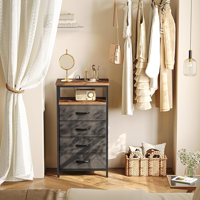Huuger Night Stand with Charging Station, 4 Drawer Dresser for Bedroom, Bedside Table, 33.9 Inch Tall Nightstand with Open Shelf, End Table, for Closet, Entryway, Bedroom, Rustic Brown and Black
