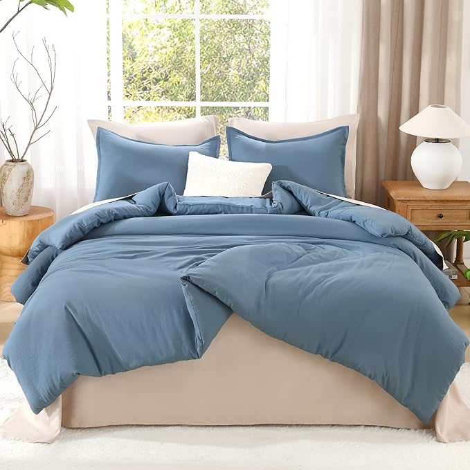 Litanika Comforters Oversized King Size Grayish Blue,3 Pieces Lightweight Solid Bedding Set & Collections, All Season Fluffy Bed Set (120x98In Comforter & 2 Pillowcases)