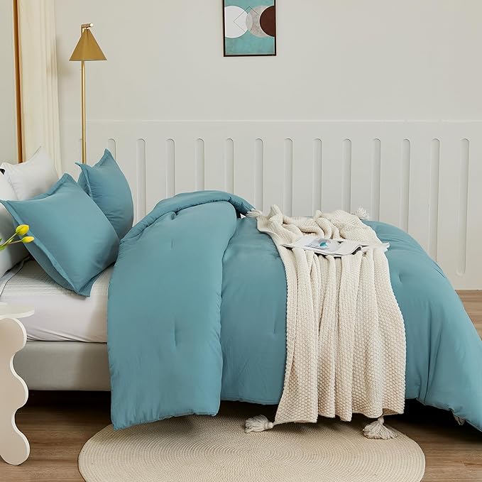 Litanika Grayish Teal Comforter Queen Size, 3 Pieces Lightweight Solid Bedding Set, All Season Fluffy Bed Set (90x90In Comforter & 2 Pillowcases)