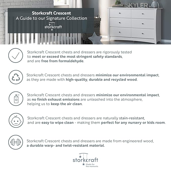 Storkcraft Crescent 6-Drawer Dresser (White) – GREENGUARD Gold Certified, White Dresser for Bedroom, Kids & Nursery Storage Chest, Safety Interlocking Drawers, Pre-Installed Tracks, Kids Chest