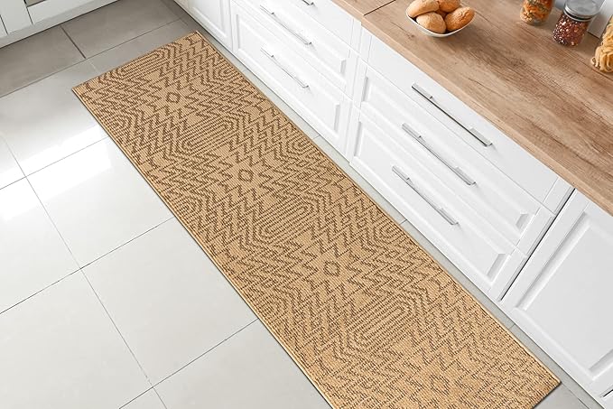 Custom Length Cut to Size Tribal Ethnic Southwestern Inspired Hallway Runner Rug, Non Slip Rubber Backed, 31 inch Wide X Customized Length, Inca Tan, 31 inch X 4 feet, Doormat Size