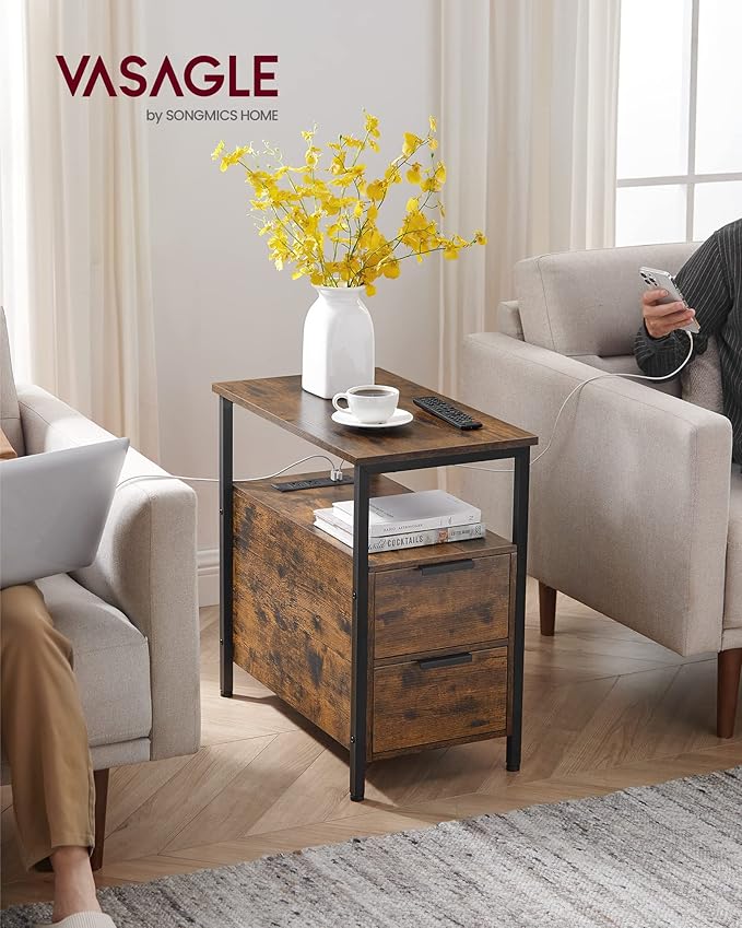 VASAGLE Side End Table with Charging Station, Slim Nightstand with 2 Drawers, Narrow Bedside Table for Living Room, Small Spaces, Rustic Brown and Ink Black ULET321B01