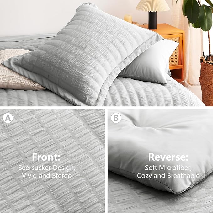CozyLux Full Bed in a Bag Light Grey Seersucker Textured Comforter Set with Sheets 7-Pieces All Season Bedding Sets with Comforter, Pillow Sham, Flat Sheet, Fitted Sheet and Pillowcase