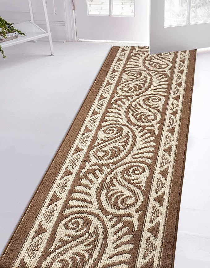 Custom Length Cut to Size Tribal Ethnic Southwestern Inspired Hallway Runner Rug, Non Slip Rubber Backed, 31 inch Wide X Customized Length, Mayan Brown, 31 inch X 6 feet