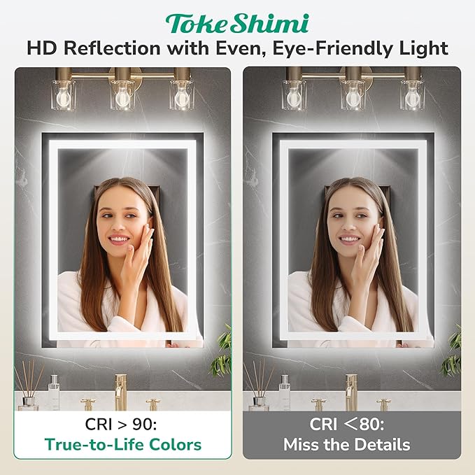 TokeShimi 72x36 LED Mirror for Bathroom with 3-Color Lights,Lighted Vanity Mirror with Lights,Anti-Fog,Stepless Dimmable,HD Tempered Glass,Memory Function,Waterproof,Shatterproof,UL Listed