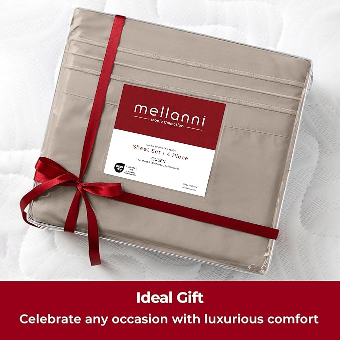 Mellanni Extra Deep Split King Sheets - 5 PC Iconic Collection Bedding - Hotel Luxury, Ultra Soft, Cooling Bed Sheets - Wrinkle, Fade, Stain Resistant (Split King, Tan)
