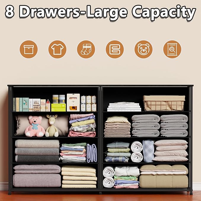 Furnulem Wide Dresser with 8 Fabric Drawers, TV Entertainment Center with Storage for 55'' TV, Large Chest of Drawers for Bedroom, Living Room, Dorm, Closet, Entryway, Wood Top (Black Oak)