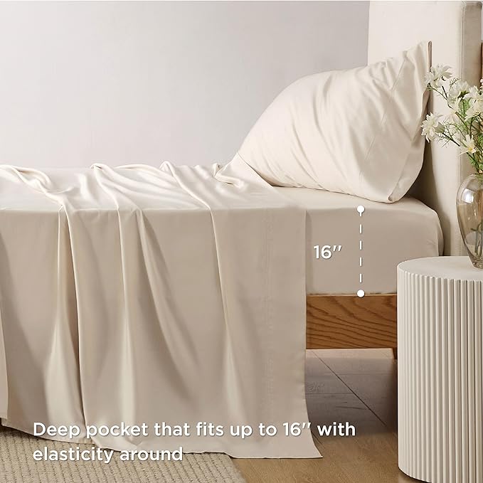 Bedsure Cooling Sheets Twin XL, Rayon Derived from Bamboo, Breathable & Soft Twin XL Sheet Sets, Deep Pocket Up to 16 Inches, Hotel Luxury Silky Dorm Bedding for Hot Sleepers, Light Beige