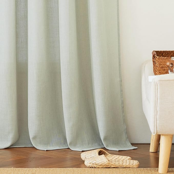 RYB HOME Semi Sheer Curtains - Linen Texture Farmhouse Sun Protection Semi Transparent Lightweight for Closet Laundry Room Bathroom, W 52 x L 45 inches, Sage Green, 2 Panels