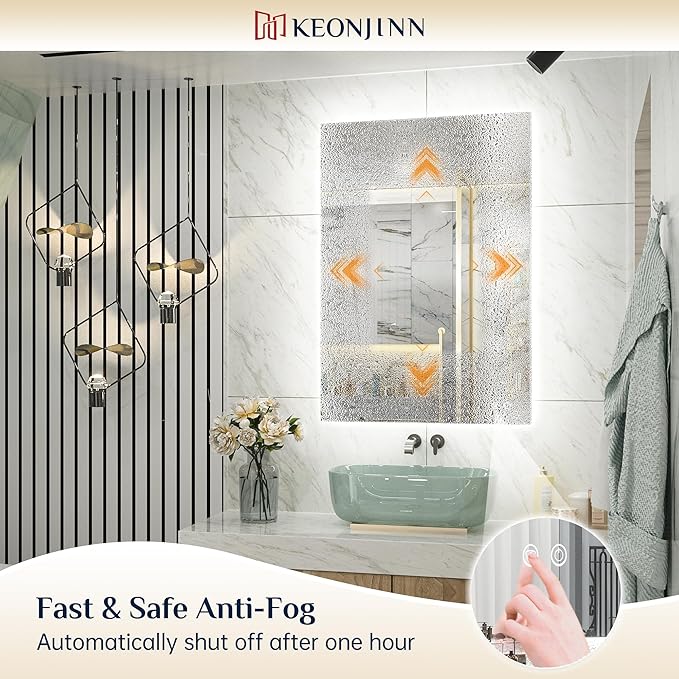 Keonjinn Backlit Mirror Bathroom 48” x 30”, Anti-Fog Mirror with Lights, CRI90+ HD Tempered Glass, Waterproof, UL Listed, Stepless Dimmable LED Mirrors for Bathroom, High Lumen, 6000K Bright