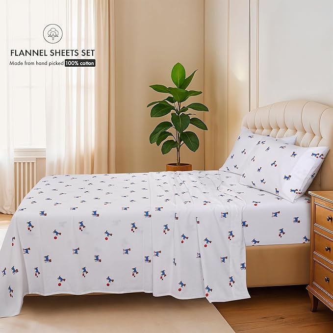 RUVANTI Flannel Sheets Queen Size - 100% Cotton Double Brushed Bed Sheets, Deep Pockets 16 Inches Queen Sheet Set, All Seasons Breathable & Extra Soft - Warm & Cozy, 4 Piece, Puppy Playoff