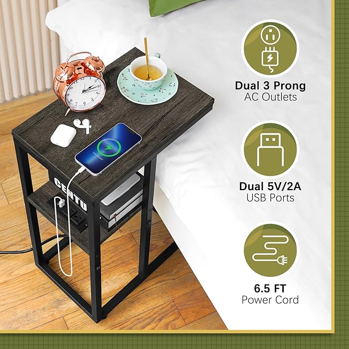 Yoobure C Shaped End Table with Charging Station for Living Room, Bedroom, Sofa Table with USB Ports and Outlets for Small Spaces, C Couch Rustic Snack Bed Table, Charcoal Gray