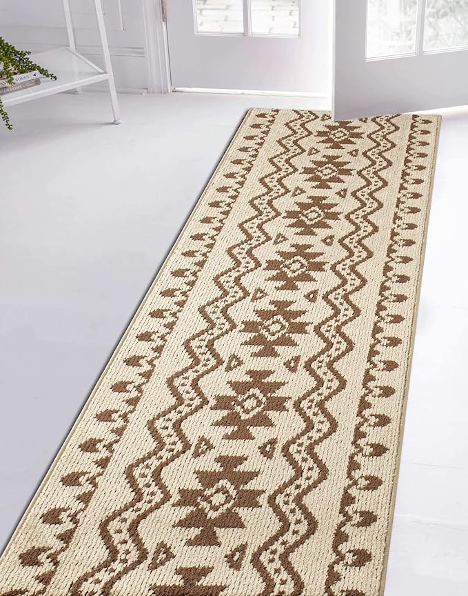 Custom Length Cut to Size Tribal Ethnic Southwestern Inspired Hallway Runner Rug, Non Slip Rubber Backed, 31 inch Wide X Customized Length, Aztec Beige, 31 inch X 27 feet