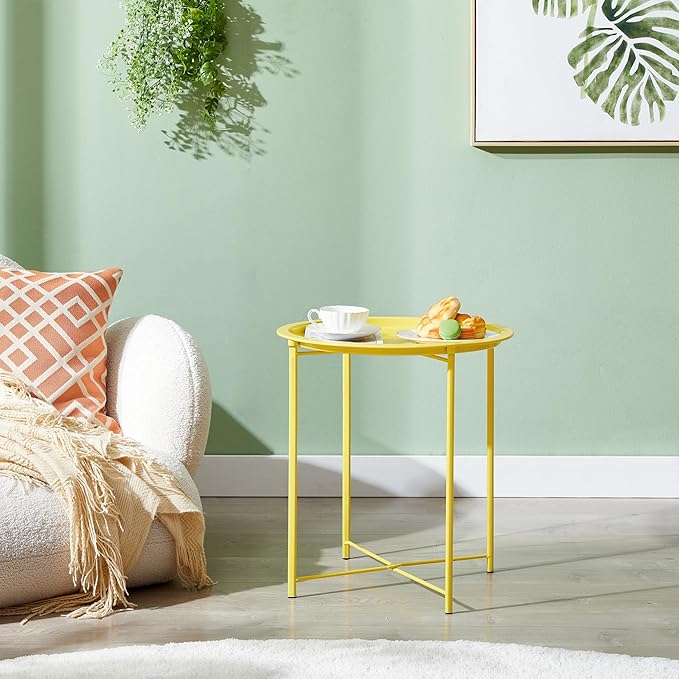 VECELO Side/End Table, Folding Round Metal Anti-Rust and Waterproof Outdoor or Indoor Tray for Living Room Bedroom Balcony and Office, 1 PCS,Yellow