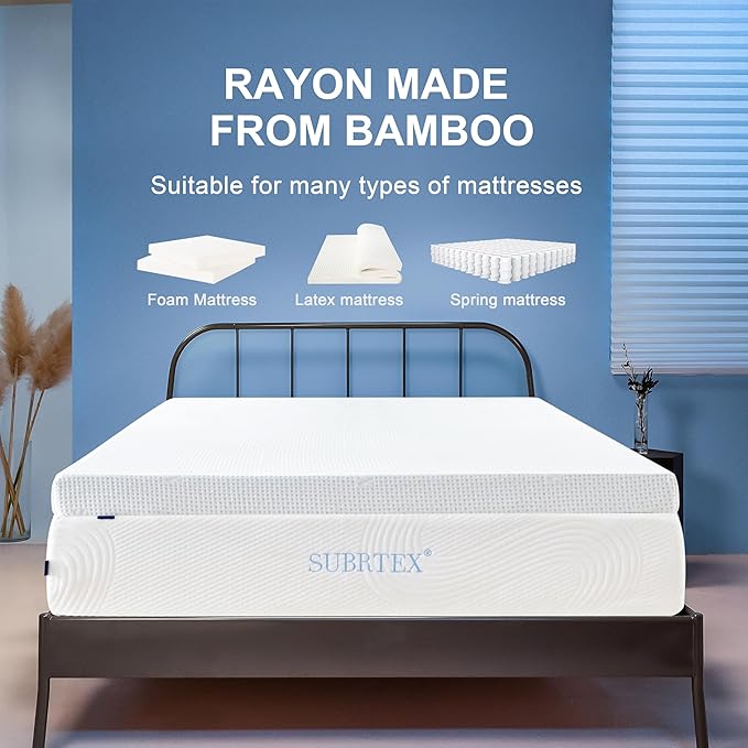 Subrtex 4 Inch Mattress Topper Cover (Only Cover) Mattress Topper Protector Bedding Rayon Made from Bamboo Removable Mattress Encasement with Zippers, King