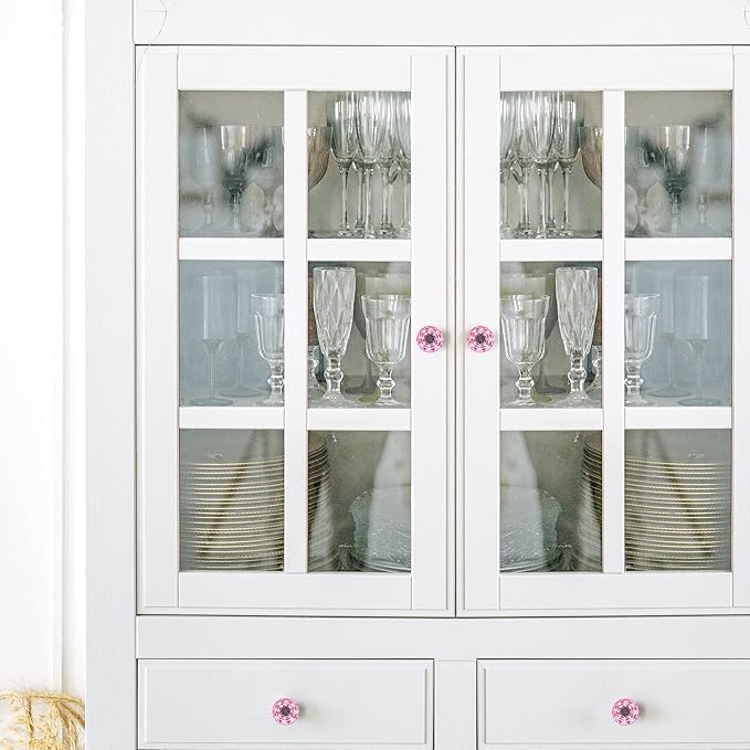 Ravinte 25 Pack Pink Crystal Knobs for Dresser Drawers - 30 mm Glass Cabinet Diamond Shaped Knobs with Silver Base