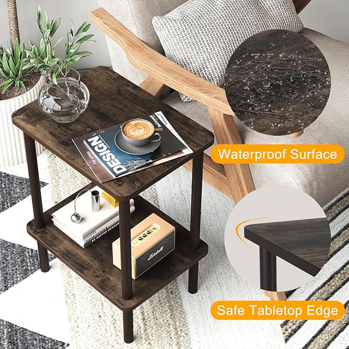 Apicizon 2 Tier End Table, Small Side Table with Solid Wood Legs, Boho Bedside Table with Storage Shelf, Nightstand for Small Spaces, Bedroom, Living Room, Entryway, Easy Assembly, Rustic Oak