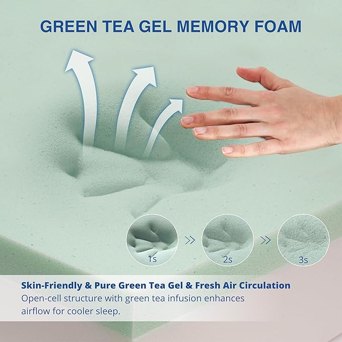 12 Inch Green Tea Memory Foam Mattress, Queen Memory Foam Mattress in a Box, Gel Infused Foam for Pressure Relief and Cool Sleep, CertiPUR-US Certified, Medium Firm