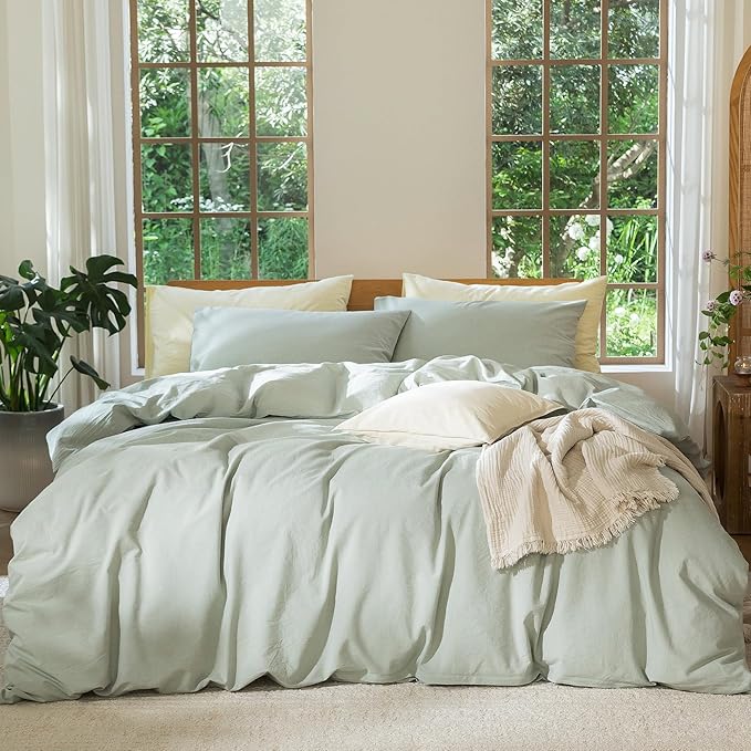 MooMee Bedding Duvet Cover Set 100% Washed Cotton Linen Like Textured Breathable Durable Soft Comfy (Heathered Sage Green, Super King 108"x98")