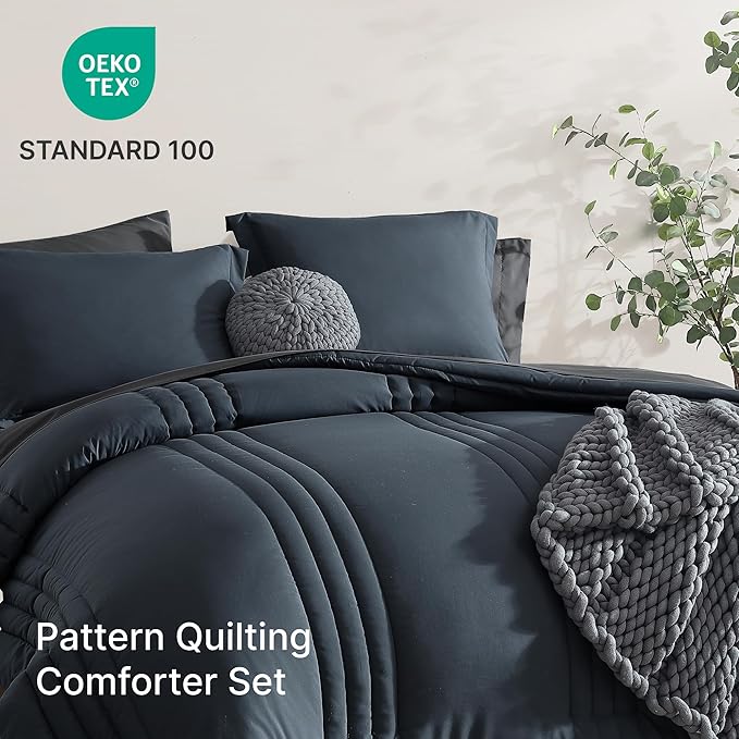 Monbix Full Size Comforter Set - 7 Pieces Blue Grey Bed in a Bag Full Size Bedding Sets with Comforters, All Seasons Comforter with Sheets,Pillowcases & Shams