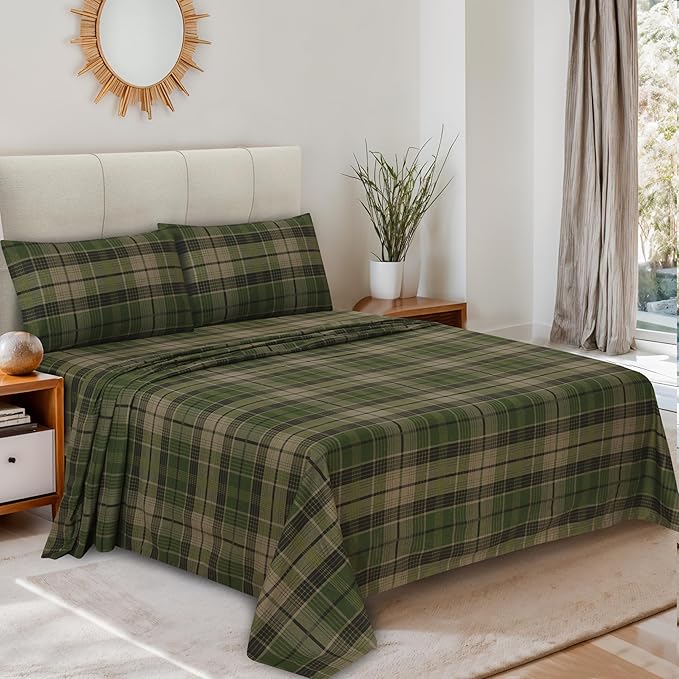 RUVANTI Flannel Sheets Queen Size - 100% Cotton Double Brushed Bed Sheets, Deep Pockets 16 Inches Queen Sheet Set, All Seasons Breathable & Extra Soft - Warm & Cozy, 4 Piece, DNA Plaid