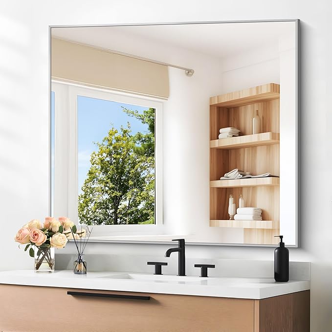 36" x 40"Bathroom Mirror, Silver Rectangle Corner Wall Mirror with Metal Frame, Decorative Rectangular Vanity Mirror for Bedroom Bathroom Living Room Entryway (Horizontal/Vertical)
