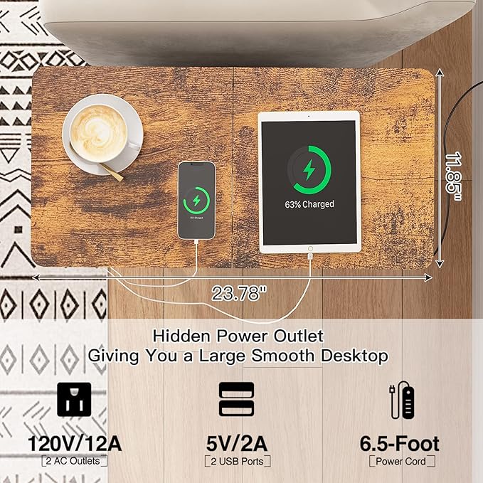 LIDYUK End Table with Charging Station, Narrow Side Table with Drawer and USB Ports & Power Outlets, Nightstand Bedside Tables for Small Spaces, Bedroom, Living Room, Rustic Brown, Set of 2