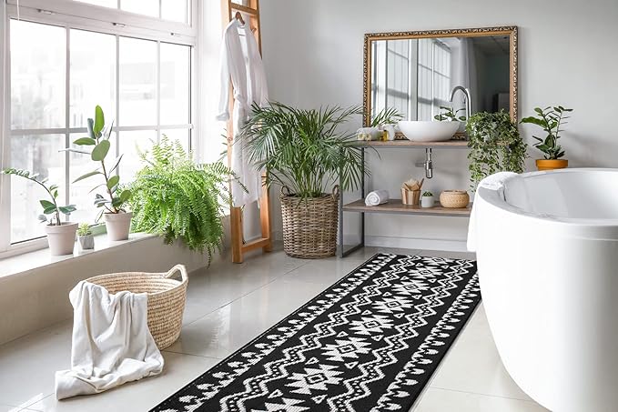 Custom Length Cut to Size Tribal Ethnic Southwestern Inspired Hallway Runner Rug, Non Slip Rubber Backed, 31 inch Wide X Customized Length, Aztec Black, 31 inch X 35 feet