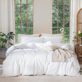 MooMee Bedding Duvet Cover Set 100% Washed Cotton Linen Like Textured Breathable Durable Soft Comfy (Solid Bright White, Super King 108"x98")