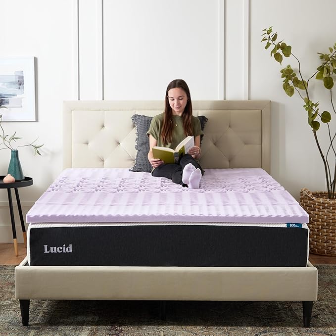 LUCID Lavender Infused 2 Inch Memory Foam Mattress Topper with 5 Zones – Twin XL Size – Plush Feel – CertiPUR Certified – Dorm Room Essentials
