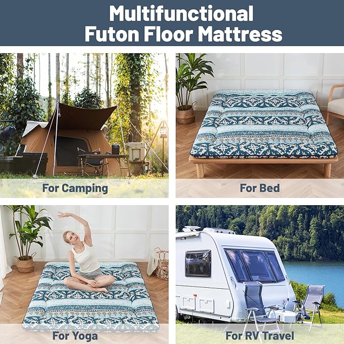 Japanese Floor Mattress, Futon Mattress with Storage Bag and Washable Cover, Roll Up Tatami Mat Suitable for Guest Room (Blue Striped Jacquard, Queen)