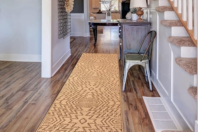 Custom Length Cut to Size Tribal Ethnic Southwestern Inspired Hallway Runner Rug, Non Slip Rubber Backed, 31 inch Wide X Customized Length, Inca Tan, 31 inch X 14 feet