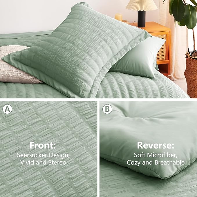 CozyLux King Size Comforter Set Sage Green Seersucker 7 Pieces Bed in a Bag King Comforter Set with Sheets, Luxury Bedding Set with Down Alternative Comforter, Sheets, Pillowcases & Shams All Seasonss