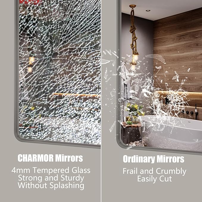 40x36 Inch Brushed Nickel Bathroom Mirror for Wall, Rounded Rectangle Silver Framed Bathroom Vanity Mirror, Anti-Rust, Shatterproof, Hangs Horizontally or Vertically
