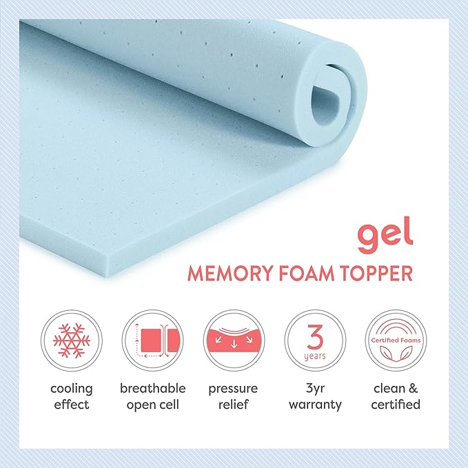 Best Price Mattress 2 Inch Ventilated Memory Foam Mattress Topper, Cooling Gel Infusion, King, Dorm Essentials, Blue