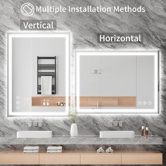 Koonmi 30x36 LED Bathroom Mirror, Backlit + Front Lit, LED Bathroom Mirror with Lights for Wall, 3 Colors, Anti-Fog, Dimmable Brightness, Memory Function, Tempered Glass