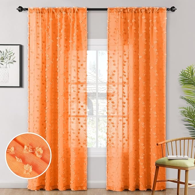 MYSKY HOME Pom Pom Orange Sheer Curtains for Bedroom Girls Room Curtains for Nursery Kids Light Filtering Boho Window Drapes, Rod Pocket, 52 x 95 Inches, 2 Panels