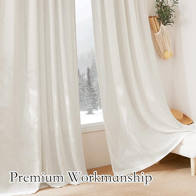 RYB HOME Flax Linen Blend Curtains - Semi Translucent Privacy Kitchen Valances, Light Glare Control Short Small Window Curtains for Bathroom Closet RV, 52" W x 36" L, 2 Pcs, Linen