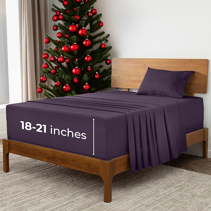 Mellanni Extra Deep Twin XL Sheets - 3 PC Iconic Collection Bedding - Hotel Luxury, Ultra Soft, Cooling Bed Sheets - Wrinkle, Fade, Stain Resistant (Twin Extra Long, Purple)