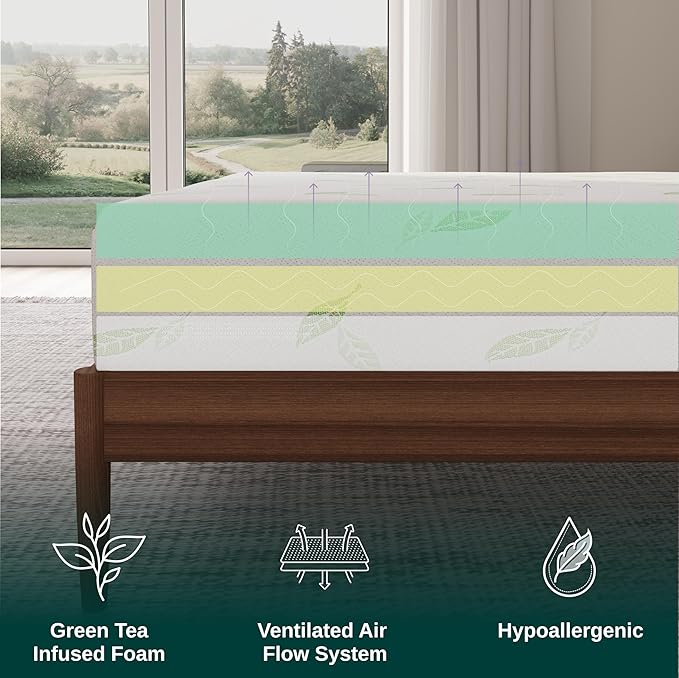 NapQueen Twin XL Size, 12 Inch Anula Green Tea Infused Memory Foam Mattress, Bed in a Box, CertiPUR-US Certified Mattress