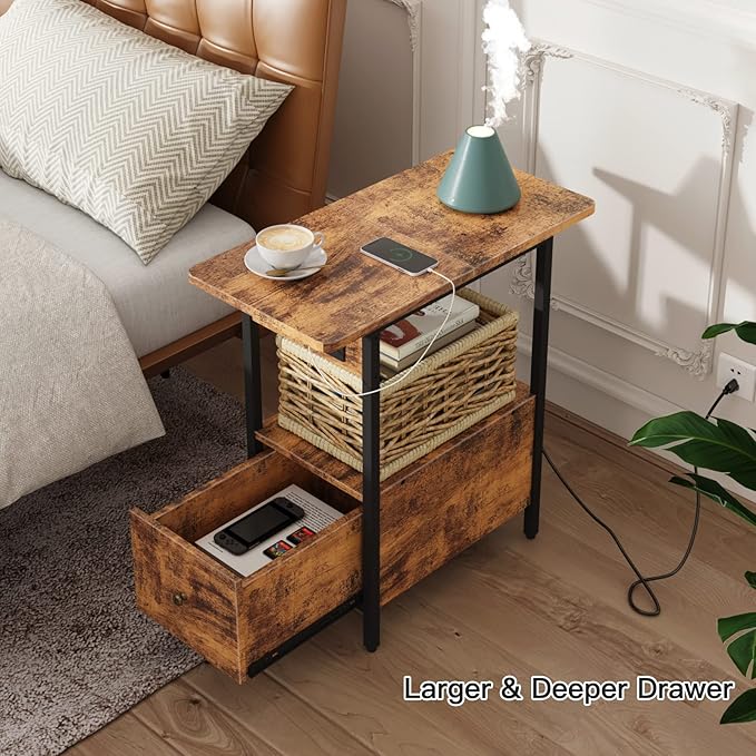 LIDYUK End Table with Charging Station, Narrow Side Table with Drawer and USB Ports & Power Outlets, Nightstand Bedside Tables for Small Spaces, Bedroom, Living Room, Rustic Brown, Set of 2