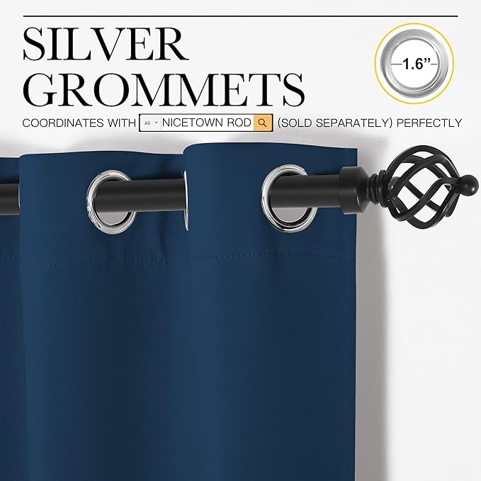 NICETOWN Moroccan Blue Room Darkening Curtains for Kitchen, Set of 2, 42 inches Wide by 78 inches Long, Window Treatment Thermal Insulated Solid Grommet Room Darkening Curtains/Drapes for Bedroom