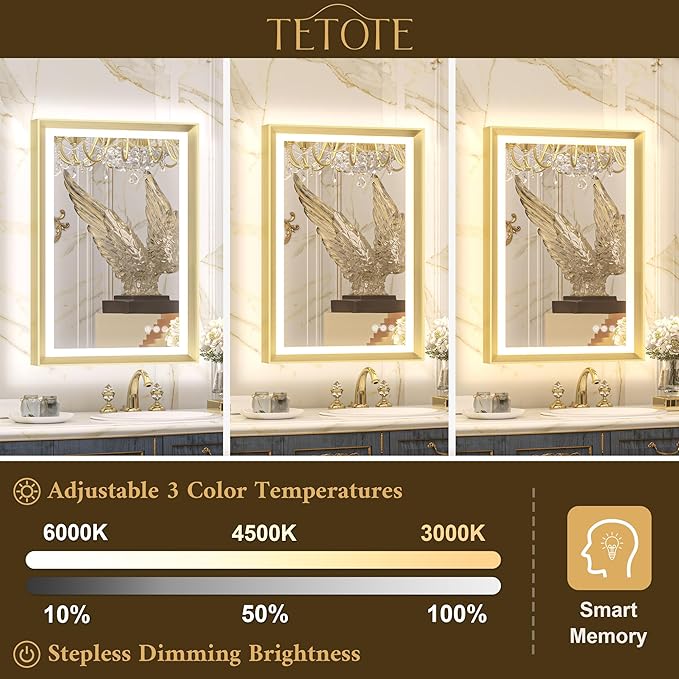 TETOTE Gold Bathroom LED Mirror with Lights 30x36 Frontlit & Backlit Vanity Framed Mirror Baroque Anti Fog Stepless Dimmable White/Warm/Natural,CRI90+,Waterproof,Wall Mounted(Horizontal/Vertical)