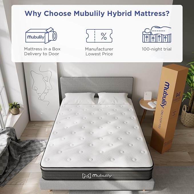 Queen Mattress,10 Inch Hybrid Mattress in a Box with Gel Memory Foam Mattress,Individually Wrapped Pocket Coils Innerspring Mattress,Pressure Relief,Back Pain Relief,CertiPUR-US.