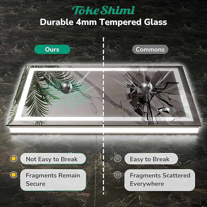 TokeShimi 48x36 Lighted Mirrors for Bathroom Wall,Front Lit + Backlit LED Mirror for Bathroom,Stepless Dimmale 3 Colors,Anti-Fog,Tempered Glass,Memory Function,Waterproof,UL Listed